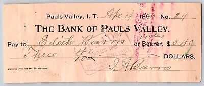 Pauls Valley, Oklahoma Indian Territory 1896 Bank Check ''Edith Burns''