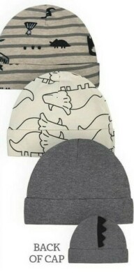 Gerber Baby Boy's 3 Pack Organic Caps Sizes Newborn, 0-6 Months Hats Dino NEW
