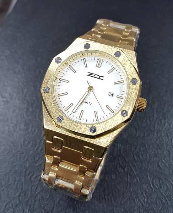 Orologio Da Polso Zcc Industrial Uomo Analogico Quarzo Datario Dorato Bianco lac