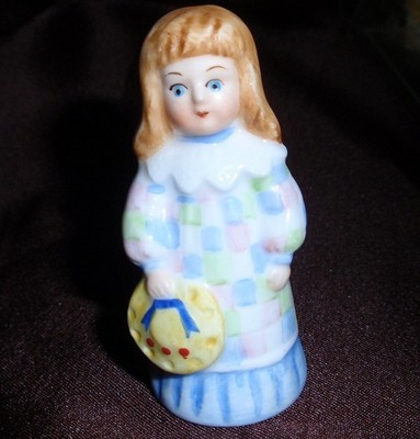 Gorham Bone China Doll Thimble Checkered Dress Holding Hat By Maruri