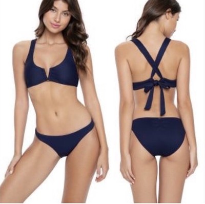 PQ SWIM Riptide V Halter Bikini Top & Ruched Full Bikini Bottom Navy Medium NEW