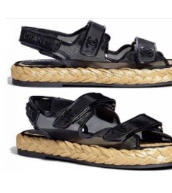 Pre-owned Chanel 22p Straw Mesh And Leather Raffia Dad Sandal Cc Logo In Black
