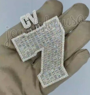 Pre-owned Nsg Men's 4ct Big 7 Number Baguette Cubic Zirconia Custom Pendant 925 Silver In White