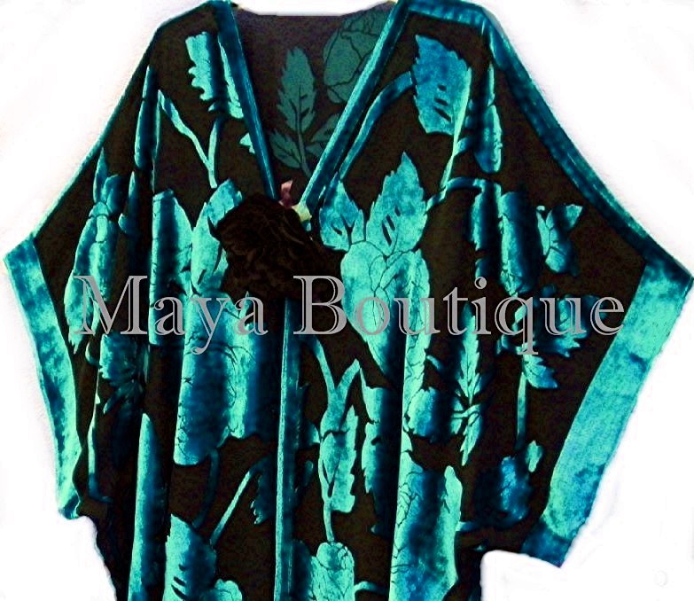 Pre-owned Maya Matazaro Silk Burnout Velvet Jacket Kimono Duster Teal Black No Fringe Plus