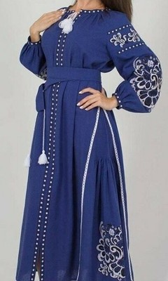 Pre-owned Handmade Ukrainian Embroidered Dress. Blue Cotton Size Xs S, M, L, Xl, Xxl Beautiful Gift