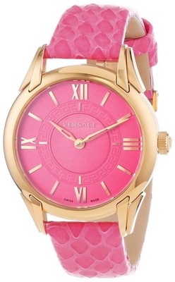Pre-owned Versace Women's Vff070013 Dafne Rose Gold Ion Plated Fuchsia Leather Wristwatch In Pale Violet Red