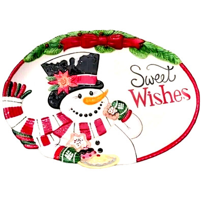 FITZ AND FLOYD Christmas Cookie Platter Sweet Wishes Frosty Top Hat Holiday Xmas