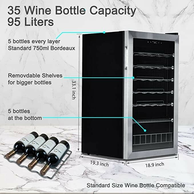 SMAD 95L 33 Bottles Wine Fridge Beverage Cooler Undercounter Thermostat Drinks