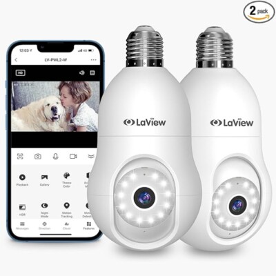 LAVIEW 4MP Light Bulb Security Camera 2.4GHz 360° 2K WiFi Smart IP 2-Pack WHITE