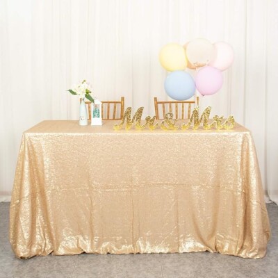 3 Queen Dreams Matte Gold Sequin Tablecloths 90'' x 132'', 1 New Sealed, 2 Used