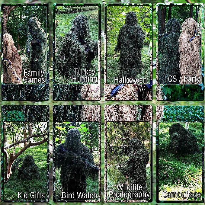 5 in 1 Universal Ghillie Suit 3D Camouflage Hunting Apparel  Woodland Camouflage