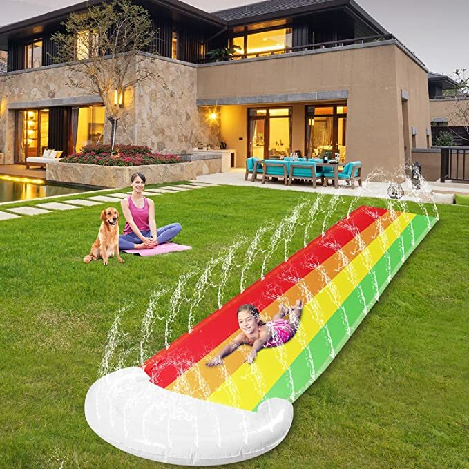 Lawn Water Slide Outdoor Slip n Slide Toy Splash Sprinkler Backyard Rainbow READ