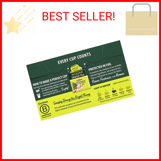 Bigelow Tea Green Tea with Ginger Plus Probiotics, Caffeinated, 18 Count, (Pack