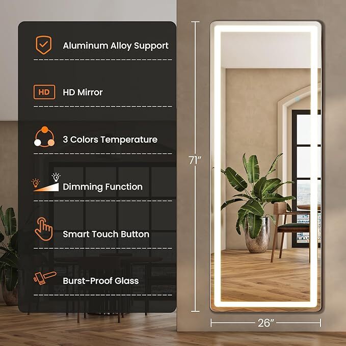 Mirror Full Length Standing Mirror LED Lights Full Body Floor Standing Mirrors