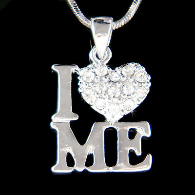 I LOVE ME made with Swarovski Crystal Letter Word Lover Heart SELF Care Necklace