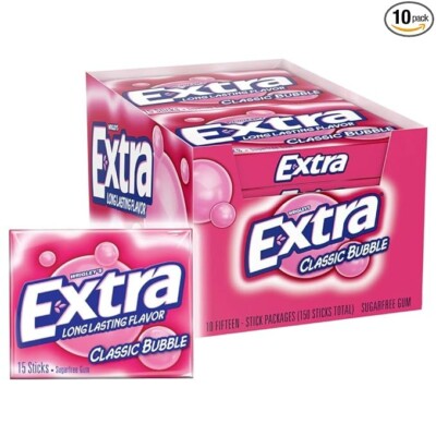 EXTRA Classic Bubble Sugar Free Chewing Gum, 15 Pieces (10 Pack)
