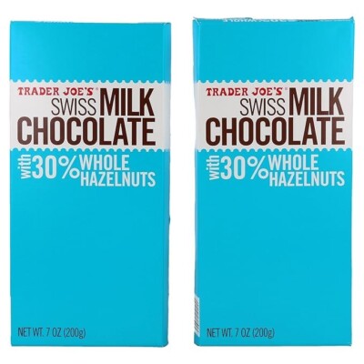 2 PACKS Trader Joe's Swiss Milk Chocolate Bar with 30% Whole Hazelnuts 7-OZ BARS