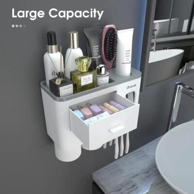iHave Toothbrush Holders for Bathrooms, 2 Cups Toothbrush Holder Wall Mounted wi