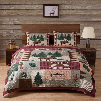 Queen Quilt Set Comforter Rustic Home Moose Bear Log Cabin Lodge Cotton Shams