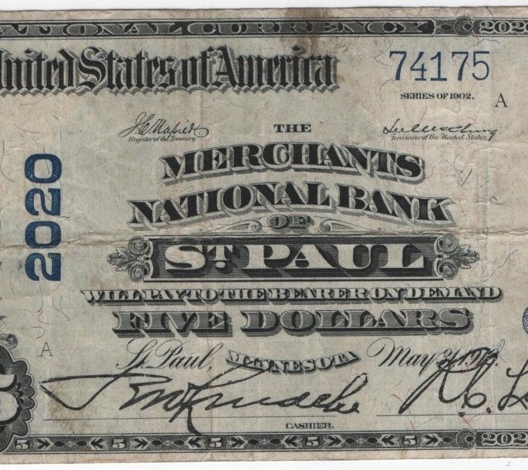 1902 PB $5 Merchants National Bank St.Paul Minnesota National Banknote Choice VF