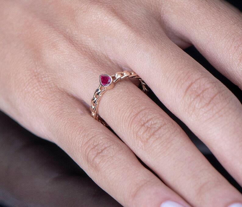 Pre-owned Handmade Ruby Ring / Teardrop Ruby / Ruby Knot Ring / 14kt Rose Gold Ruby Ring / Dainty In White