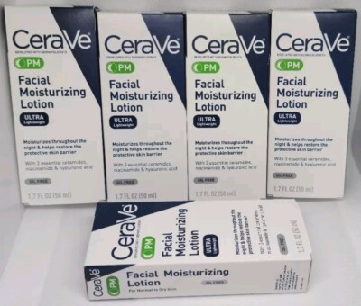 LOT OF 5 CeraVe PM Facial Moisturizing Lotion Ultra Lightweight 1.7 Fl Oz - NEW!