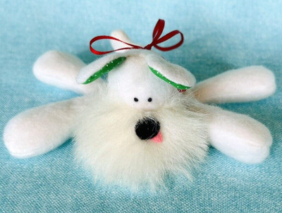 Hallmark Vintage 1987 Plush White & Green Dog Christmas Ornament