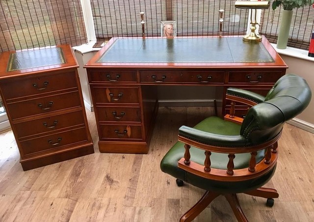 Reproduction Antique Style Leather Top Desk With Matching Filing