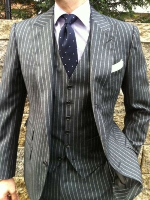 Pre-owned Handmade Men Gray Stripes Suits Wedding Grooms Dinner Party Wear Suits (jacket+vest+pant)