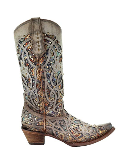 Pre-owned Corral Boots Corral Ladies Taupe Glitter Inlay & Studs Snip Toe Boots C3409 In Brown