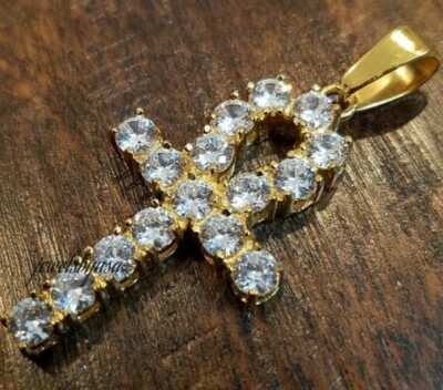 Pre-owned Nsg Natural Moissanite Mens Cross Pendant Gift For Him 14k Yellow Gold Plated Silver In White