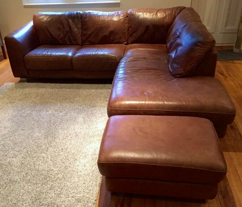 BROWN TAN Aniline Leather Corner Sofa Couch and Footstool Distressed Vintage COLLECT MON 11