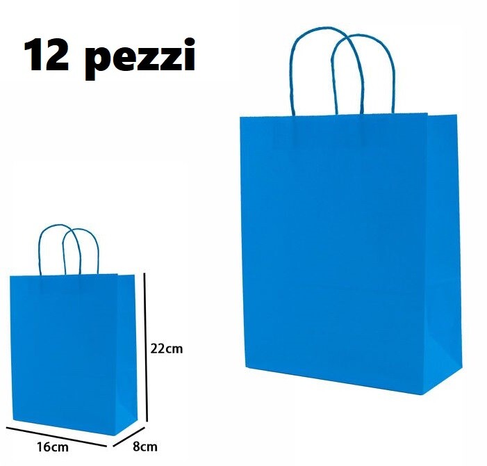 Set 12 Pezzi Buste Borsa Da Regalo Sacchetti Carta Azzurra 22x16x8cm dfh