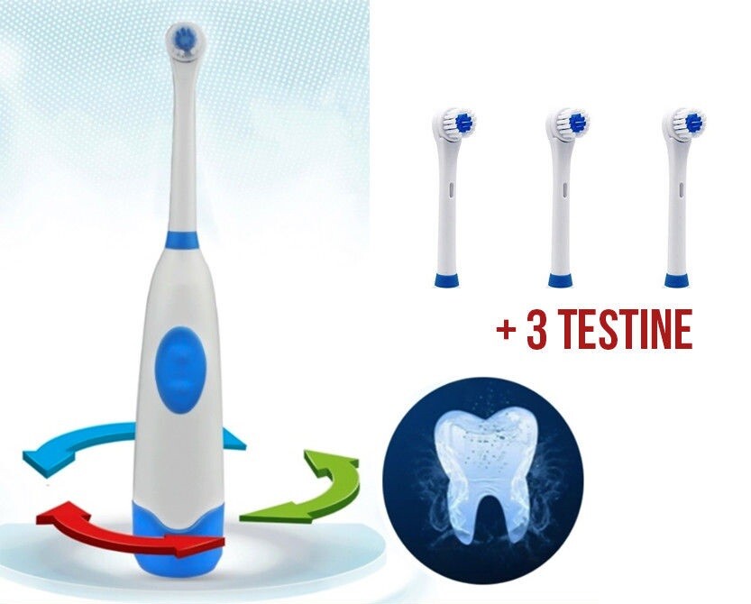 Spazzolino Elettrico Denti Testa Rotante Con 3 Testine Batteria Base Igiene cir
