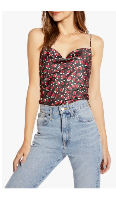 

SOMETHING NAVY Черная красная роза с принтом Ditsy Атласная майка без рукавов на бретельках, Multicolor