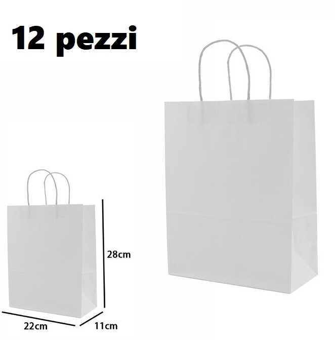 Set 12 Pezzi Buste Borsa Da Regalo Sacchetti Carta Bianca 28x22x11cm dfh
