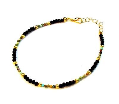 Fancy Gold Plated Micro Faceted Turquoise & Blk Spinel Ankle Bracelet Anklet F90