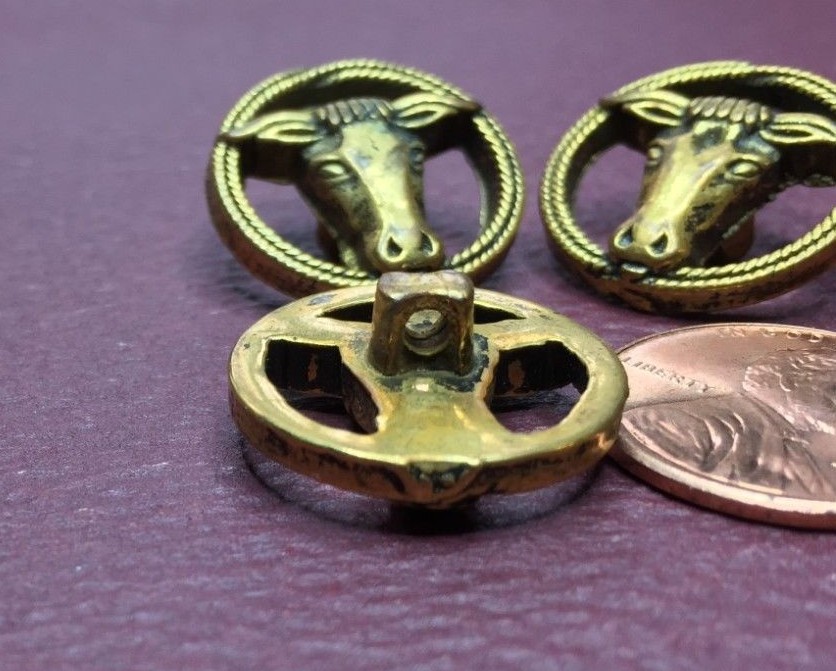 3 Vintage Cow Longhorn Gold Brass tone buttons 20mm