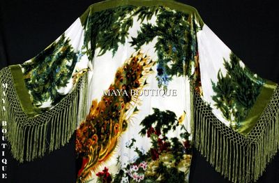 Pre-owned Maya Matazaro Kimono Duster Fringe Jacket Silk Solid Velvet Peacock Ivory Multi  In Ivory - Green -multi