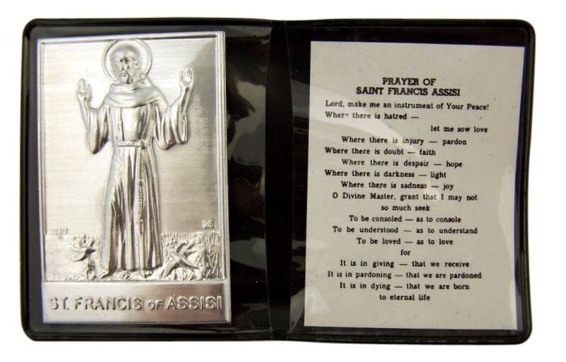 Metal Patron Saint Francis of Assisi Plaque with Prayer Leatherette Folder