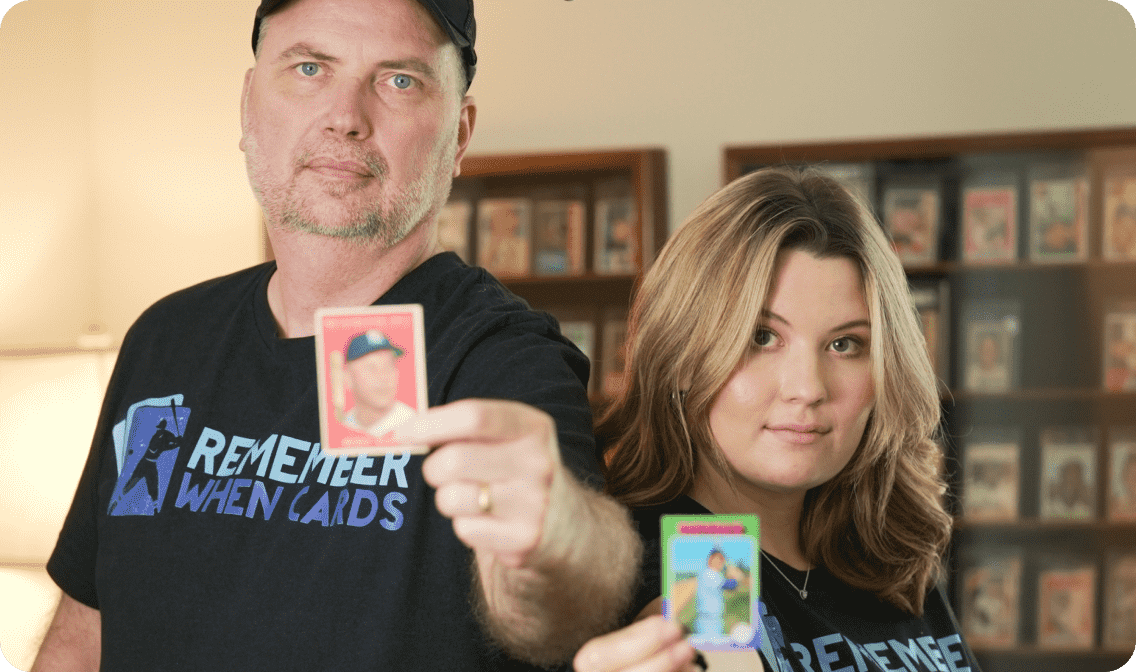 Richard and Hope Brooks holding baseball cards linking to their eBay store