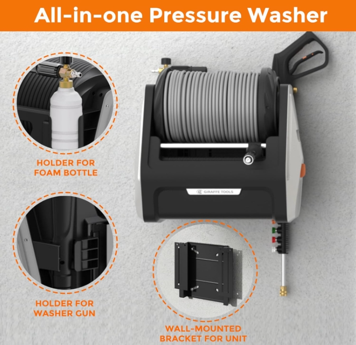 Giraffe Tools Electric Pressure Washer Hose Reel Wall Mounted Pressure Washer