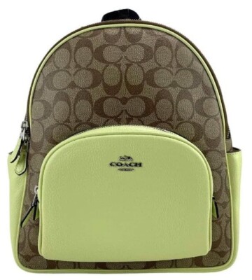 Coach Khaki Pale Lime Court Backpack in Signature Canvas