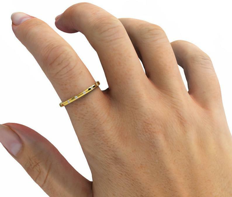 Pre-owned Handmade Flush Diamond Band / 14k Gold Flush Diamond Wedding Band / Diamond Stacking Ring In White