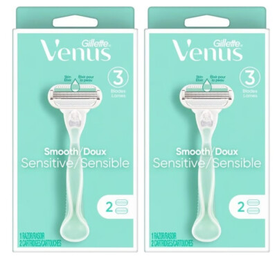2x Gillette Venus Smooth Sensitive Women's Razor Handle + 2 Blade Refills