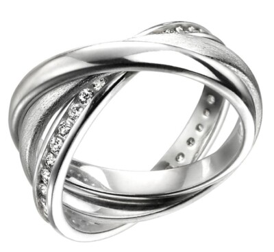Elements 925 Brushed & Polished Silver Crystal Trilogy Band Russian Wedding Ring
