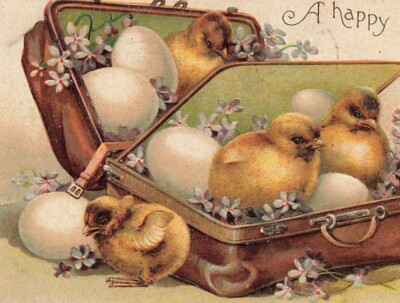 c1910 Fantasy Chicks Eggs Inside Luggage Suitcase Germany Embossed Easter P355