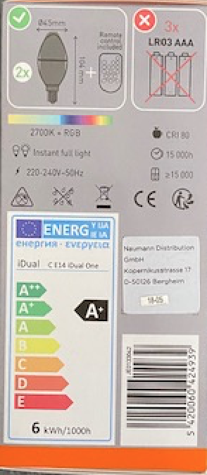 Idual LED Leuchtmittel mit Fernbedienung Lampe E14 Kerze 2er Pack JE0133042