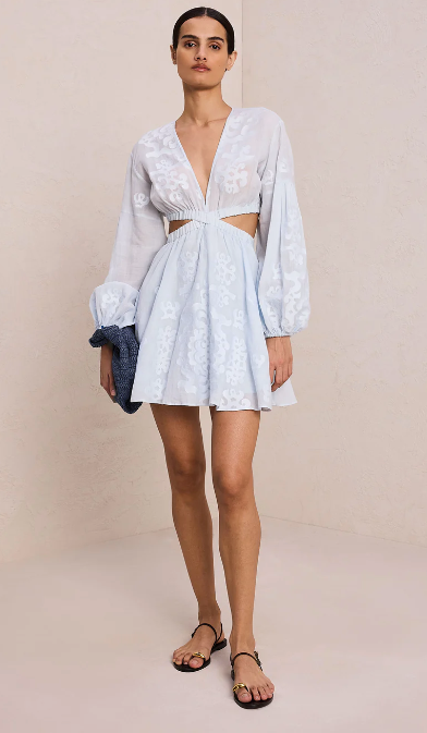 A.L.C. IRENE EMBROIDERED WAIST CUTOUT LONG SLEEVE ICE WATER