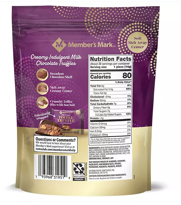 2 Packs Member's Mark Milk Chocolate Toffee Truffle with Sea Salt 19oz Each Pack